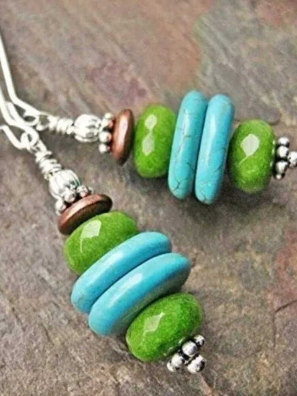 Gemstone Earrings, Jade & Turquoise, Sterling Silver, Leverback, Stamped 925